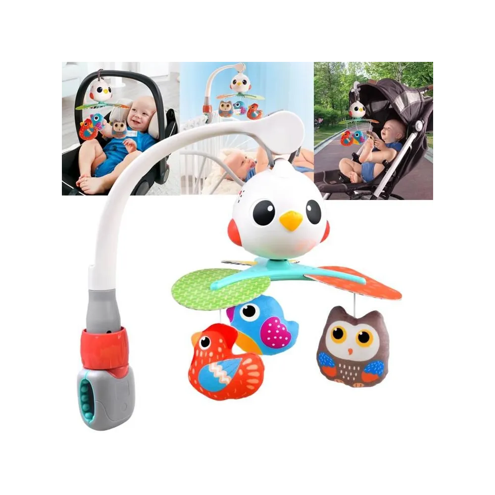 karuzela 3w1 z pluszowymi ptaszkami przymocowana do łóżeczka