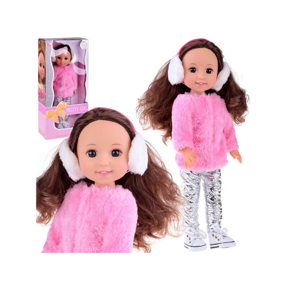 Lalka 38 cm w różowym futerku i srebrnych spodniach na białym tle