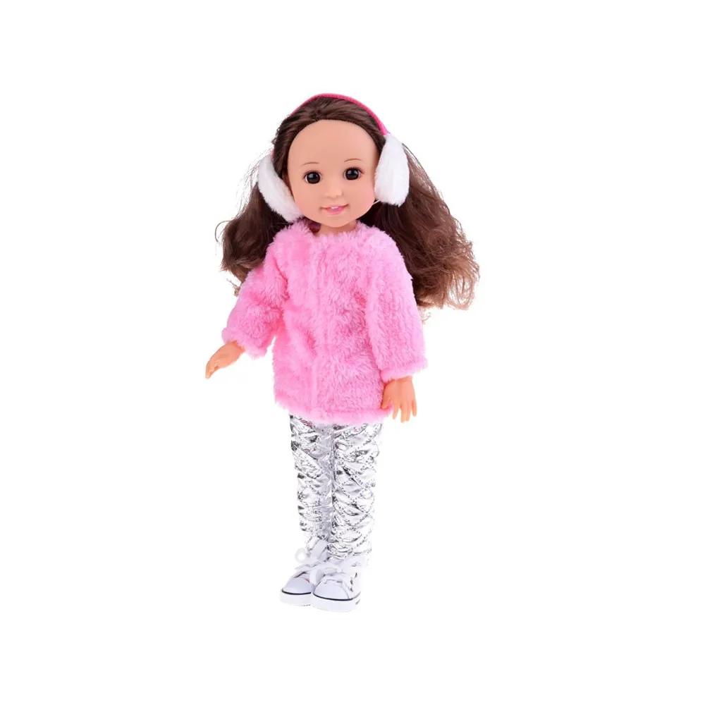 Detal stroju – różowe futerko i pikowane spodnie lalki