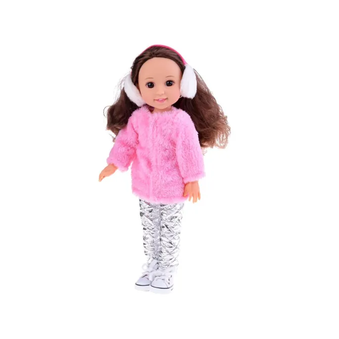 Detal stroju – różowe futerko i pikowane spodnie lalki