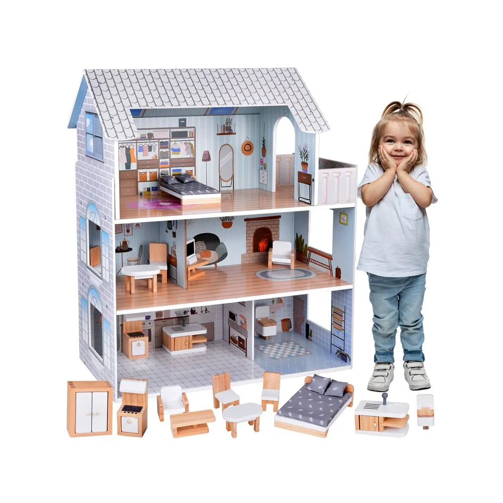 drewniany domek z meblami, widok ogólny całego zestawu