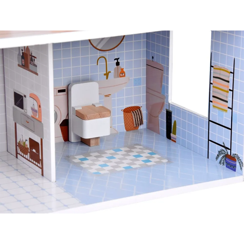 łazienka z toaletą na parterze drewnianego domku dla lalek