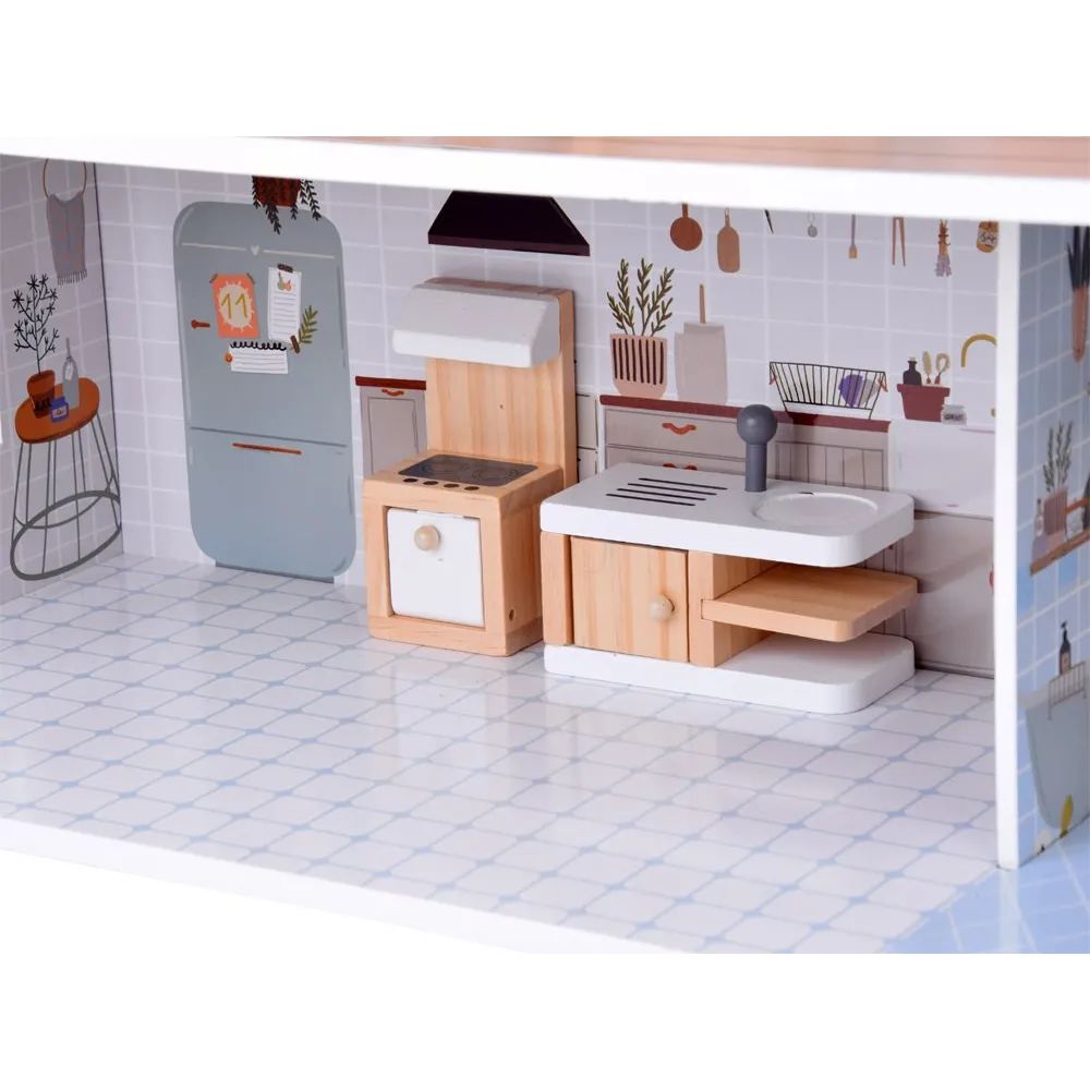 elementy zestawu: stoły, krzesła, telewizor, barierki