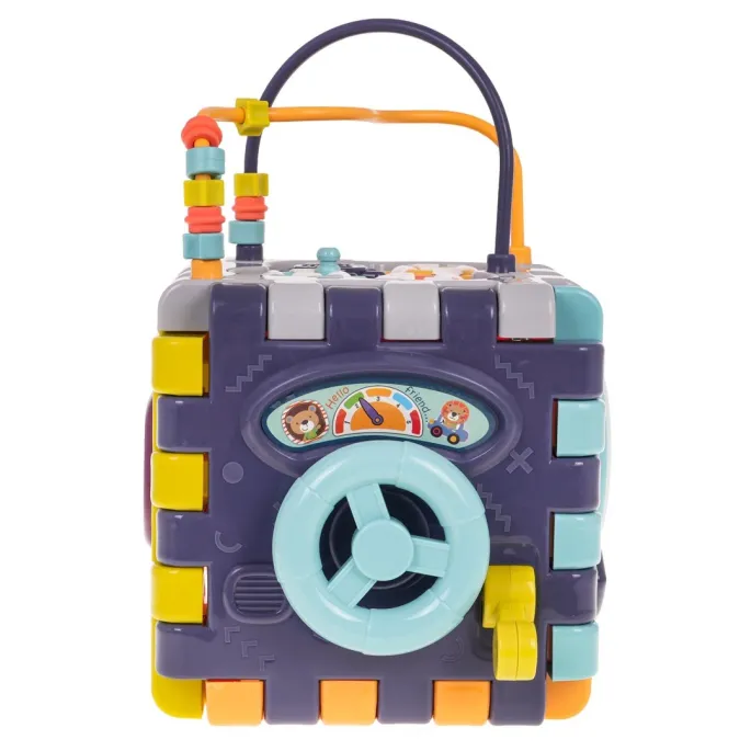 Zbliżenie na klocki z grzechotką oraz otwory do sortowania kształtów