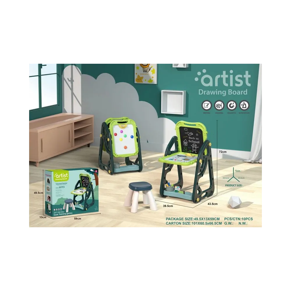 widok zestawu z tablicą kredową, tablicą magnetyczną i krzesełkiem