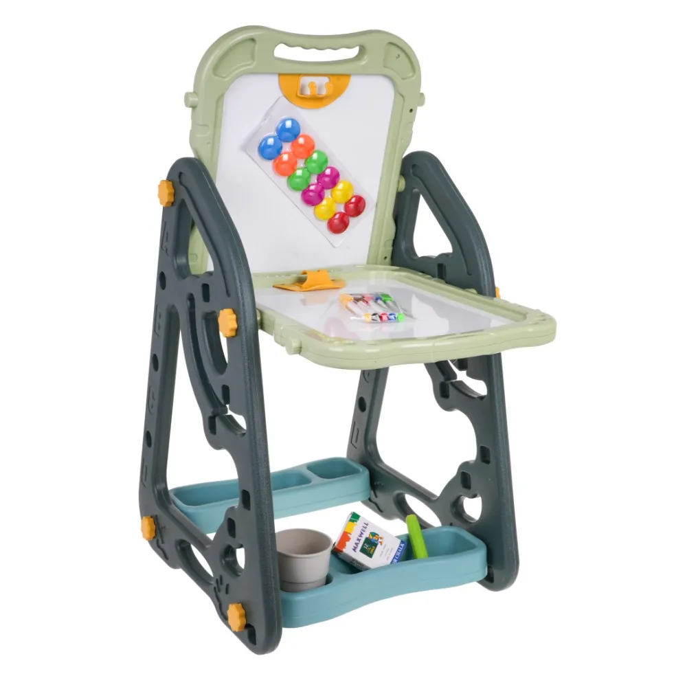 przykład uporządkowanych przyborów plastycznych na półeczkach zestawu