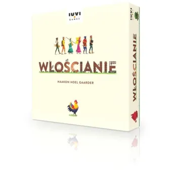 Pudełko gry Włościanie IUVI Games z elementami zestawu na tle stołu