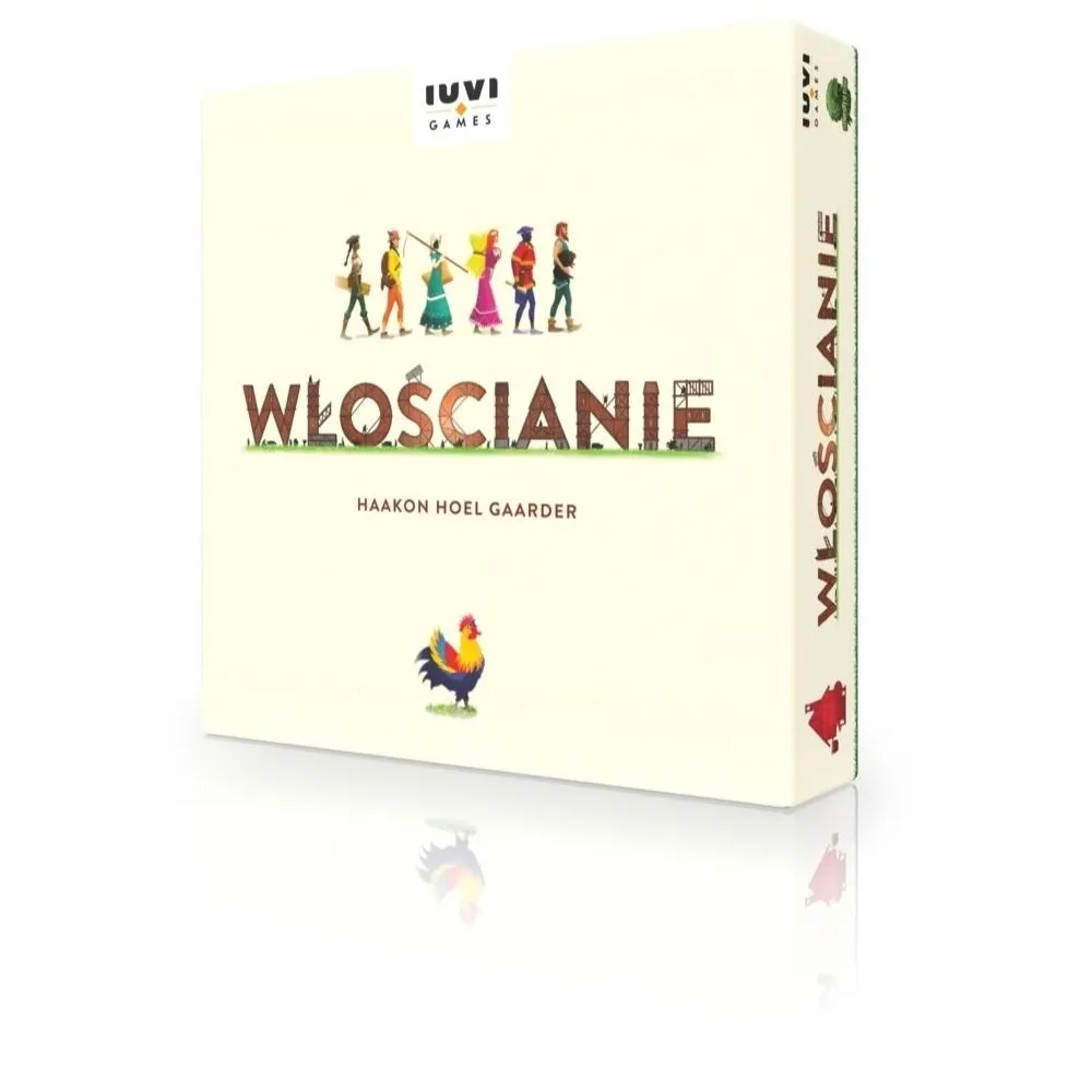 Pudełko gry Włościanie IUVI Games z elementami zestawu na tle stołu