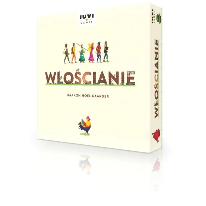 Pudełko gry Włościanie IUVI Games z elementami zestawu na tle stołu