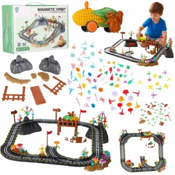 magnetyczny tor wyścigowy na kolorowej powierzchni z samochodzikiem