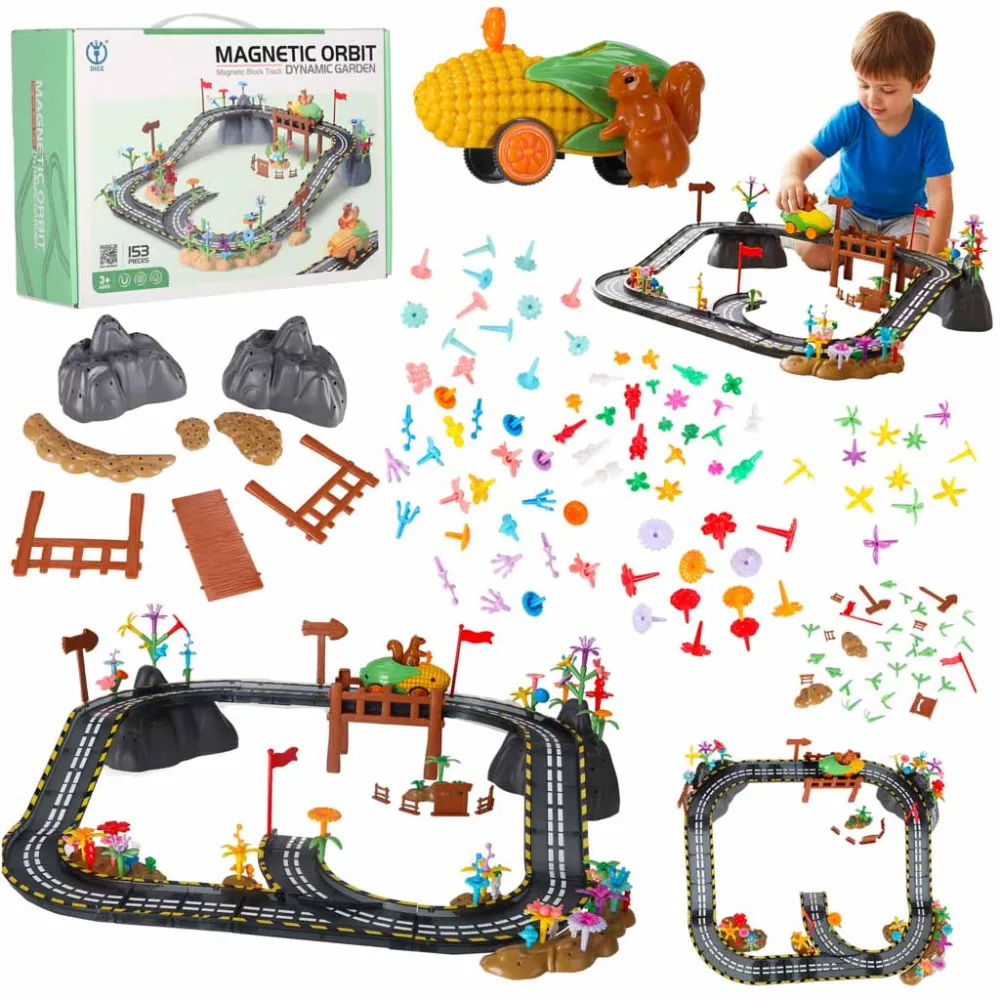 magnetyczny tor wyścigowy na kolorowej powierzchni z samochodzikiem