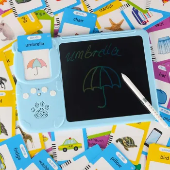 elementy edukacyjnego zestawu rozłożone na biurku, widoczne szczegóły wykonania