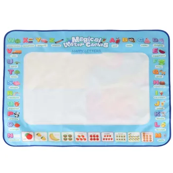 Detal powierzchni maty wodnej z kolorowymi obrazkami liter