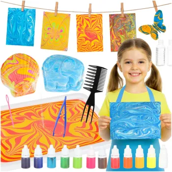 widok całego zestawu do malowania na wodzie ebru z akcesoriami