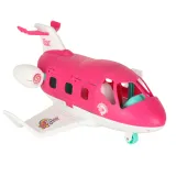 zbliżenie na różowy samolot z rozłożonymi skrzydłami i białymi detalami