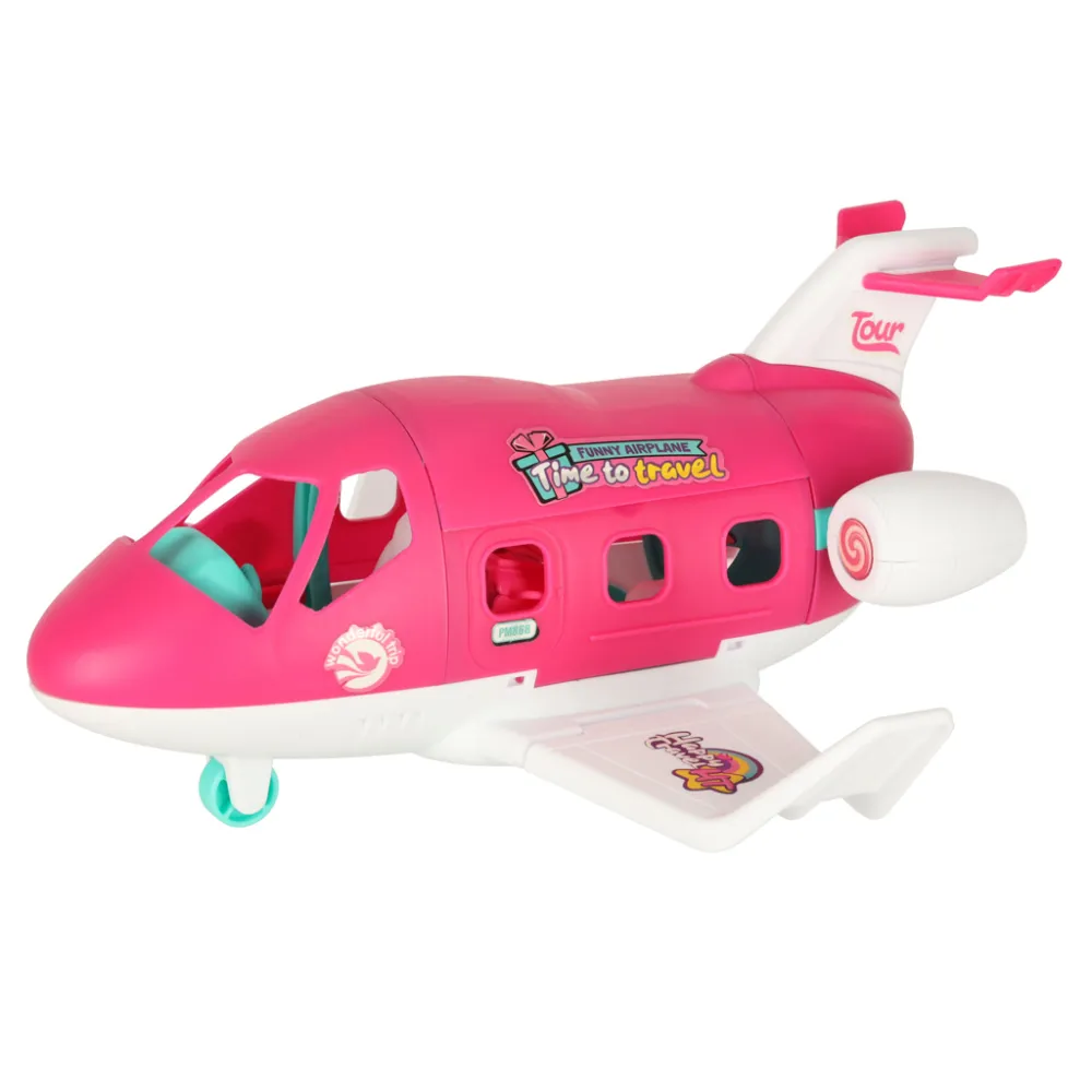 lalka-stewardessa w uniformie obok samolotu zabawkowego