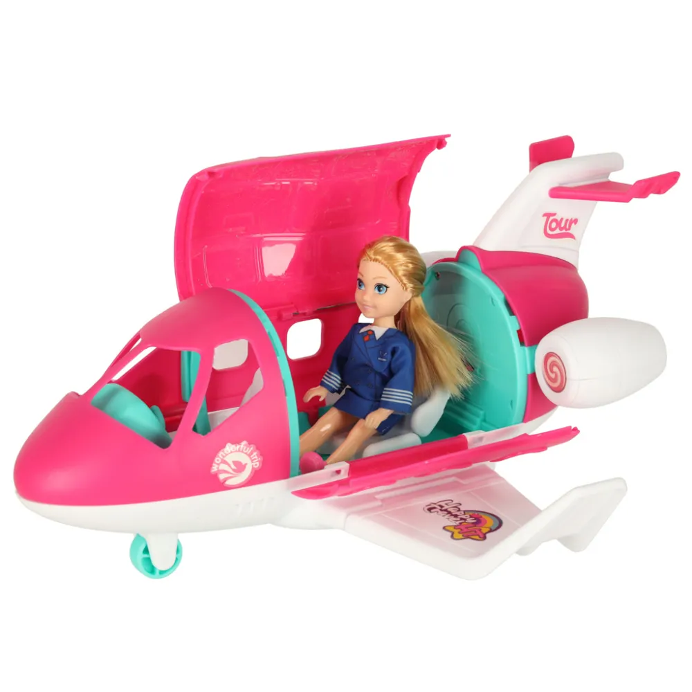 samolot oraz lalka-stewardessa podczas wspólnej zabawy na podłodze