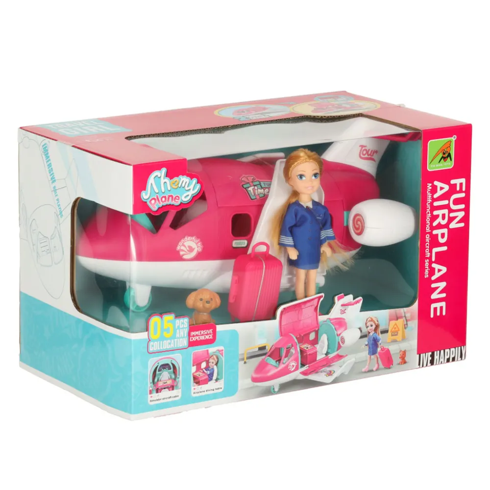 samolot dla lalek w różowej kolorystyce z elementami białego i turkusu