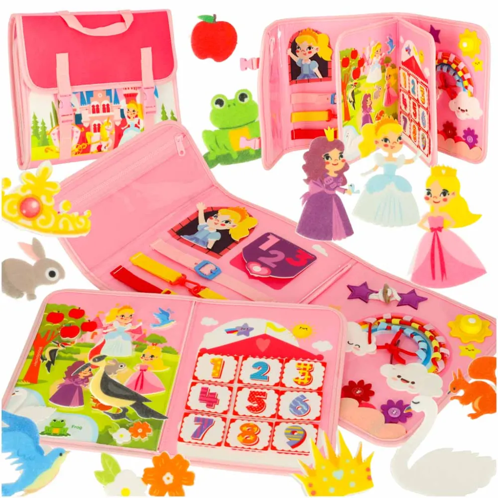 Tablica manipulacyjna montessori w formie różowej walizki–plecaka