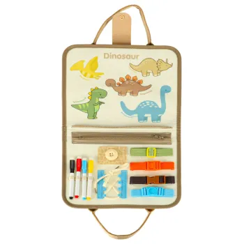 pastelowa tablica manipulacyjna z elementami motorycznymi i edukacyjnymi