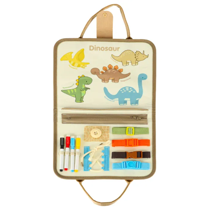 pastelowa tablica manipulacyjna z elementami motorycznymi i edukacyjnymi