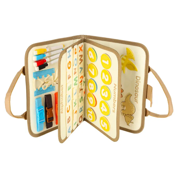 tablica edukacyjna montessori z elementami rozwojowymi i motywami dinozaurów