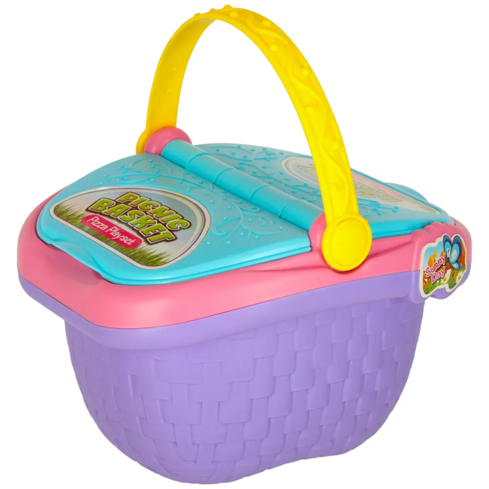 Zestaw zabawkowy z pizzą, burgerem i frytkami w kolorowym koszyku