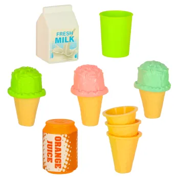 Komplet do zabawy w desery i lody na tle kolorowej ceraty