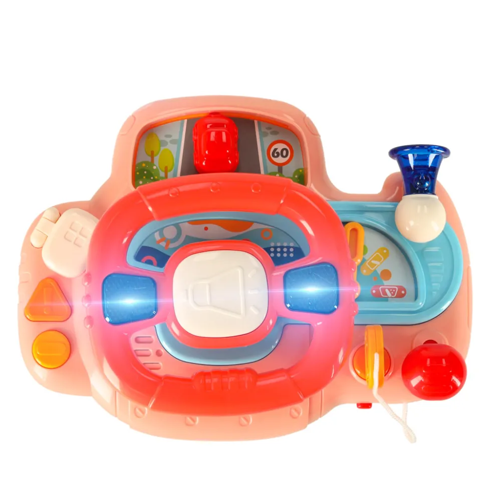 Widok zabawki kierownicy z ruchomym czerwonym autkiem na desce