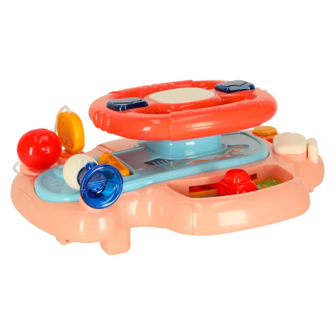 Zbliżenie na różowe i niebieskie detale zabawki kierownicy