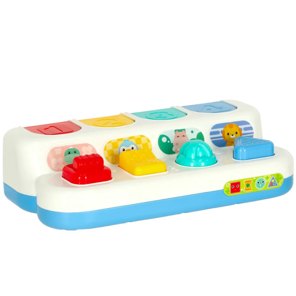 zbliżenie na kolorowe przyciski gry edukacyjnej z wyskakującymi figurkami