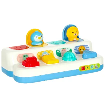 biała zabawka pop-up dla dzieci z panelami w różnych kolorach