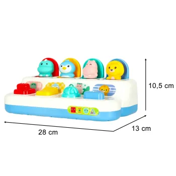 interaktywna gra z kolorowymi panelami i wyskakującymi figurkami zwierząt