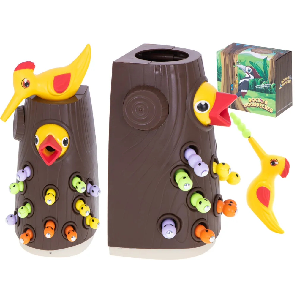 gra montessori z dzięciołem i drzewkiem do łapania robaczków magnetycznych