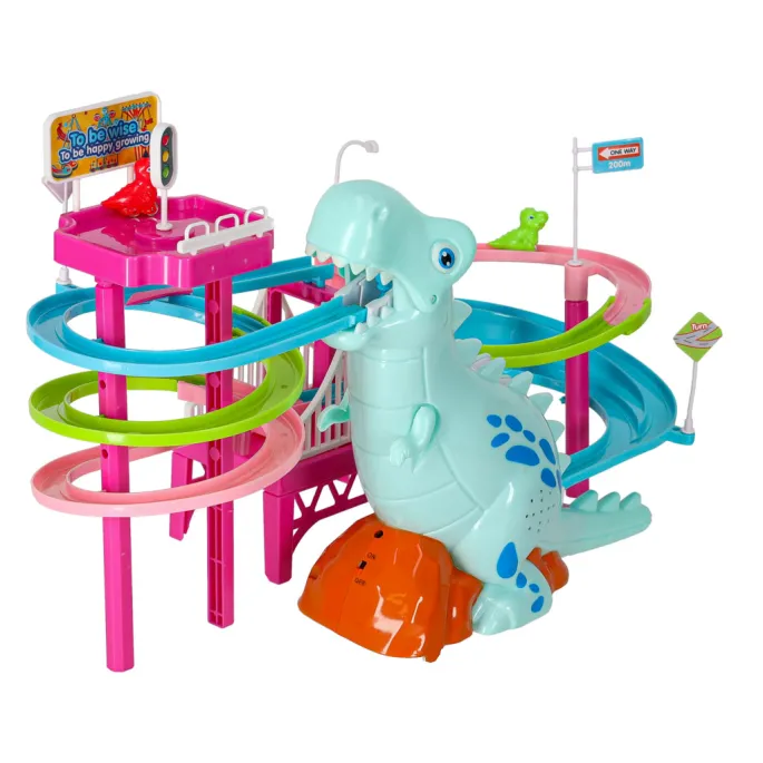 zbliżenie na dużą figurkę dinozaura w centrum toru wyścigowego