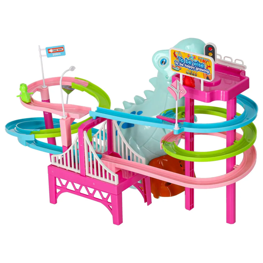 małe dinozaury-samochodziki gotowe do jazdy po torze