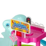 detal kolorowych elementów toru i samochodzików dinozaurów