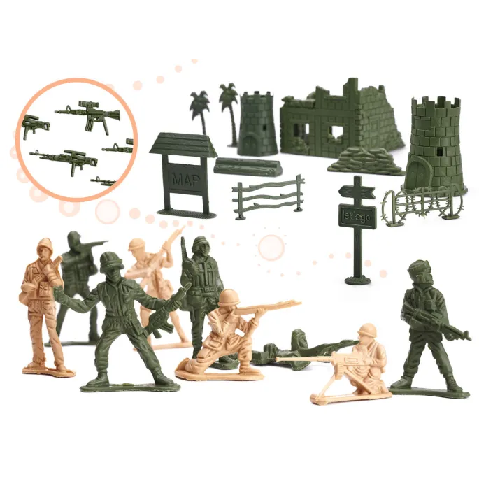 plastikowe figurki żołnierzy na tle kolorowych dodatków