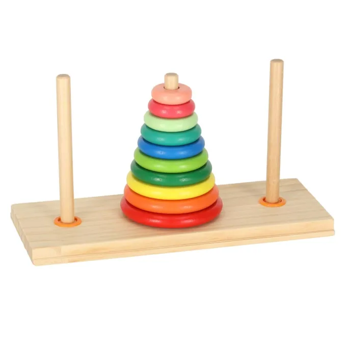 ułożone krążki na jednym z drążków drewnianej zabawki