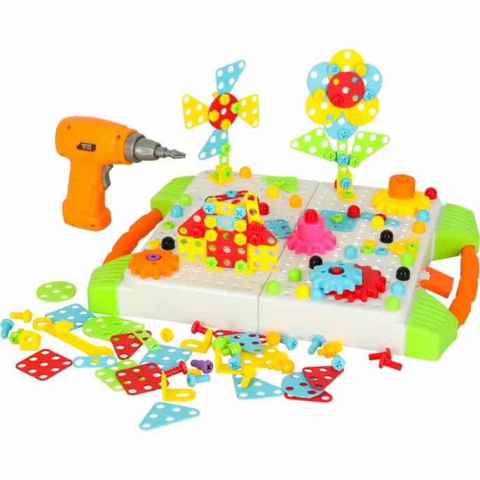 różnorodne klocki konstrukcyjne ułożone w kreatywne wzory