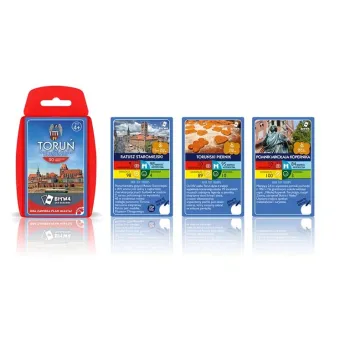 Instrukcja i karty gry Top Trumps Toruń rozłożone obok siebie