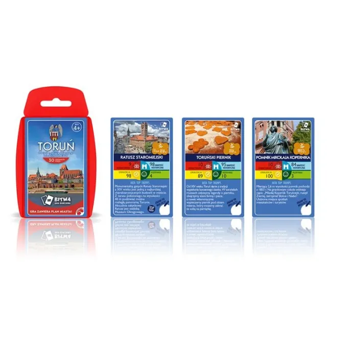 Instrukcja i karty gry Top Trumps Toruń rozłożone obok siebie