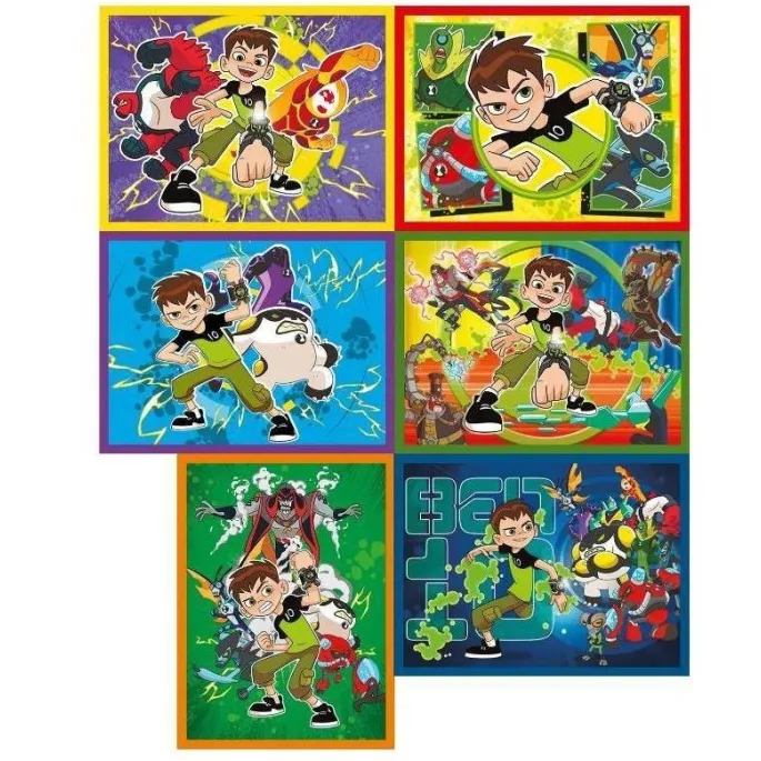 Sześć wizerunków Ben 10 ułożonych z klocków obrazkowych dla najmłodszych